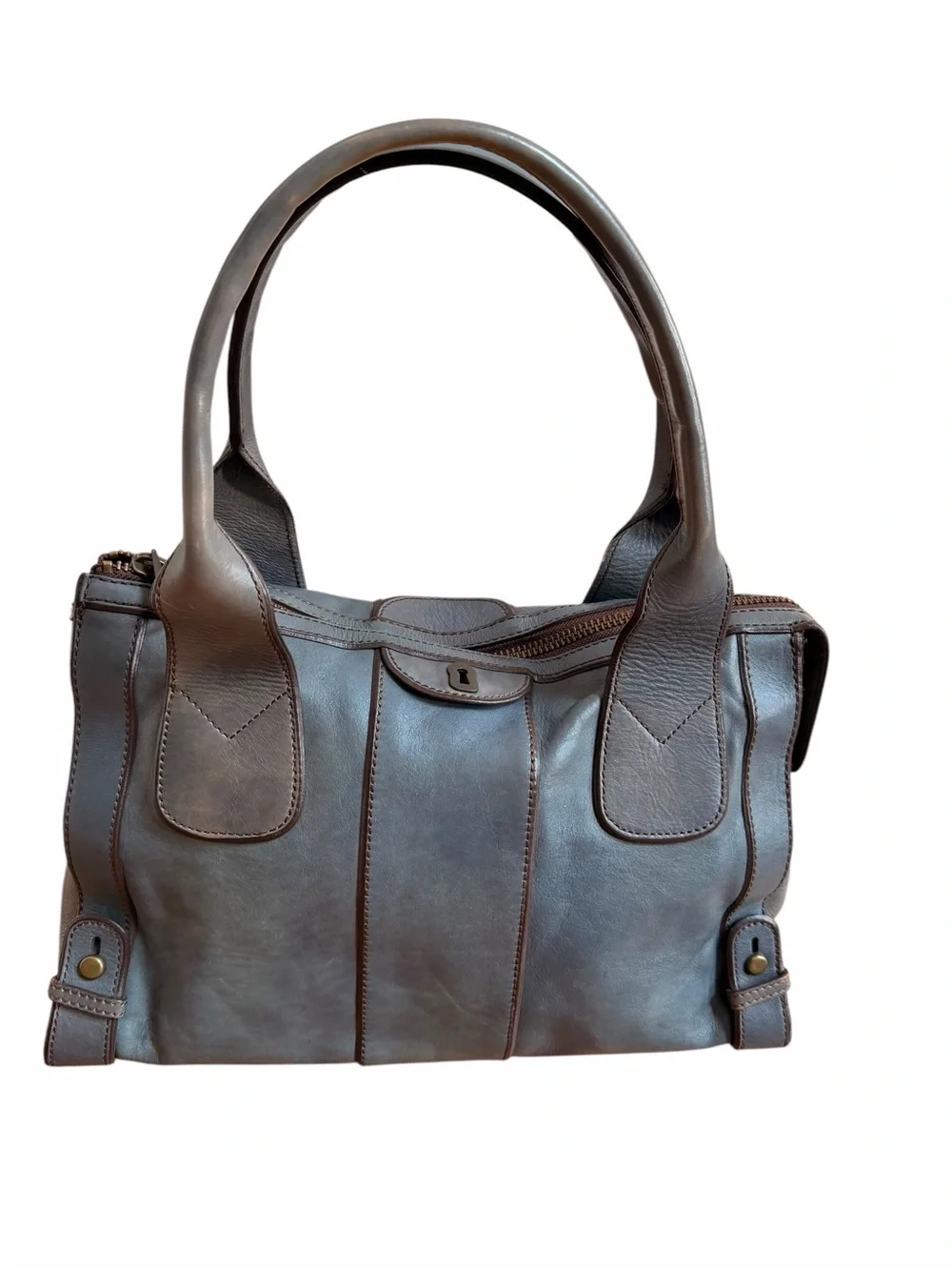 Fossil Long Live Vintage 1954 Maddox Marlowe Satchel Tote Blue Gray Leather Bag